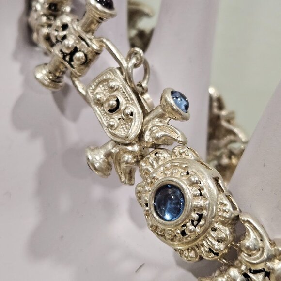 Vachi Sterling Silver Blue Stones Vintage Design Toggle Bracelet Signed - Picture 3 of 16
